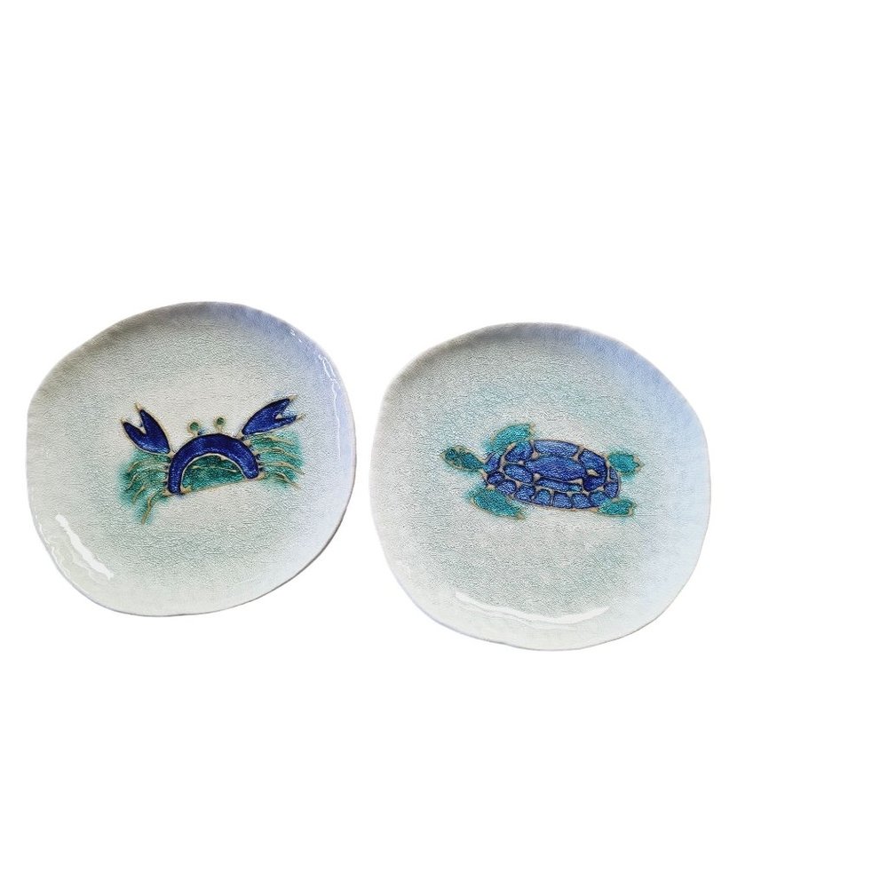 Kotobuki Ceramic Glazed serving plate set Sea turtle Crab Organic edge‎ Rare